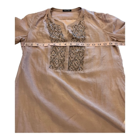 Massimo Dutti Silk Blend Taupe Beaded Split Neck Pullover Peasant Blouse XS - Picture 12 of 16